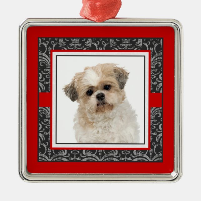 Pampered Pet Elegant Damask Dog / Cat Photo Metal Ornament (Front)