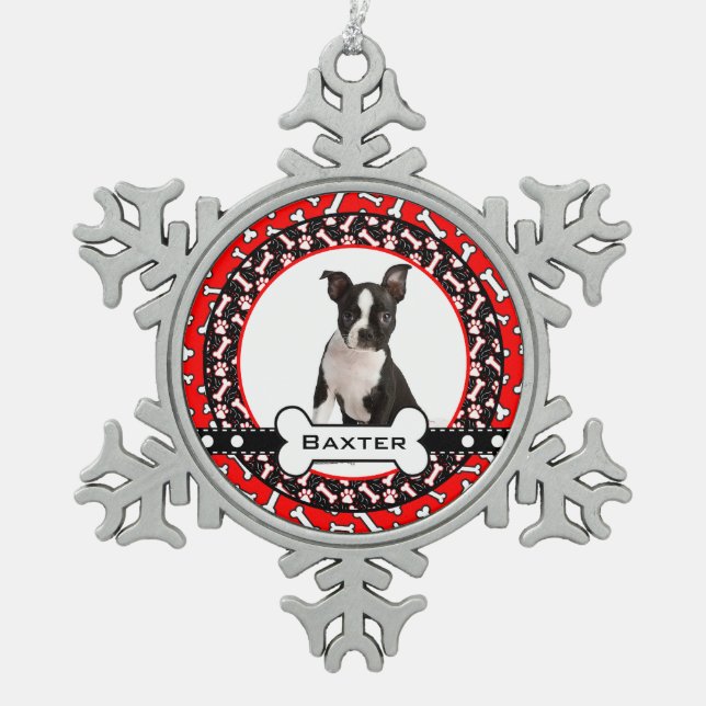 Pampered Pooch Dog Photo Bones and Paw Prints Snowflake Pewter Christmas Ornament (Front)