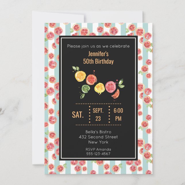 Pamplemousse rose sur Green Stripes Invitation (Devant)