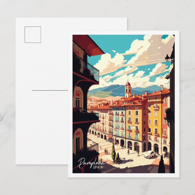 Pamplona Spain Art Vintage Travel Illustration Postcard (Front/Back)
