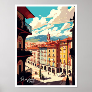 Pamplona Spain Art Vintage Travel Illustration Poster