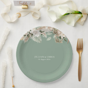 pamps grass sage green floral wedding paper plate