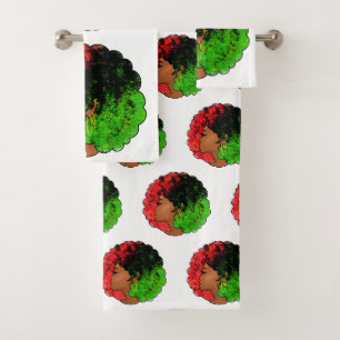 Pan African black girl woman red green pride afro Bath Towel Set