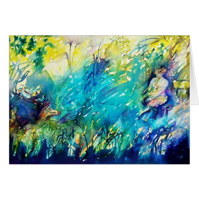 PAN JOUER FLUTE ET CERF EN BOIS VERT (Devant horizontal)