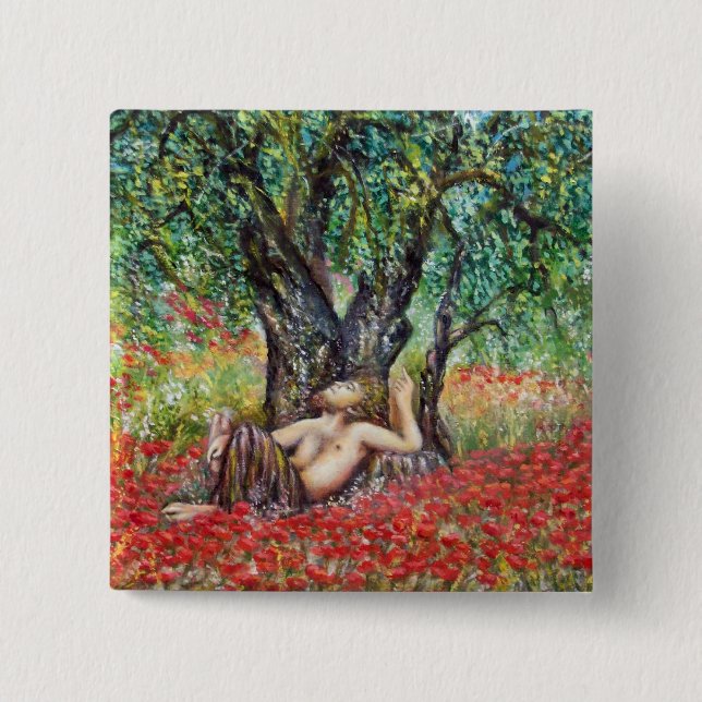 PAN, OLIVE TREE AND POPPY FIELDS 2 INCH SQUARE BUTTON (Front)