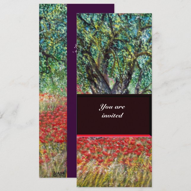 PAN, OLIVE TREE AND POPPY FIELDS,purple Invitation (Front/Back)