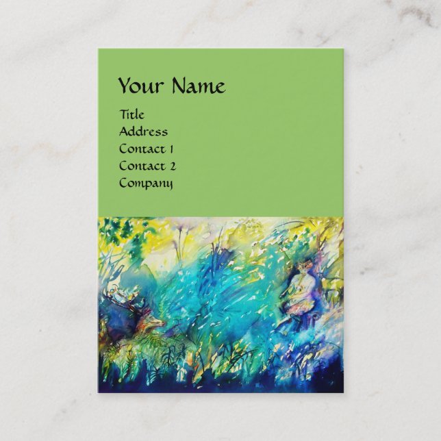 PAN PLAYING FLUTE AND DEER IN GREEN WOODLAND BUSINESS CARD (Front)