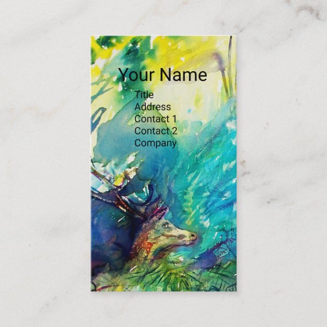 PAN PLAYING FLUTE AND DEER IN GREEN WOODLAND BUSINESS CARD (Front)