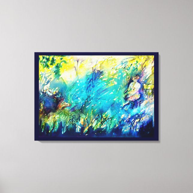 PAN PLAYING FLUTE AND DEER IN GREEN WOODLAND CANVAS PRINT (Front)