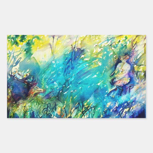 PAN PLAYING FLUTE AND DEER IN GREEN WOODLAND STICKER (Front)