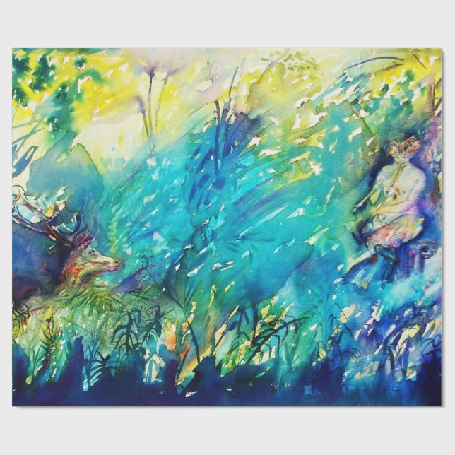 PAN PLAYING FLUTE AND DEER IN GREEN WOODLAND   WRAPPING PAPER (Flat)