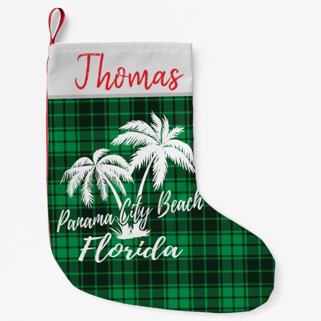 Panama City Beach Florida Palm Trees Green Plaid Small Christmas Stocking (Front)