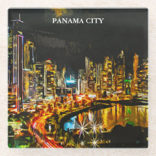 Panama City By Night Watercolor Skyline Painting Glass Coaster