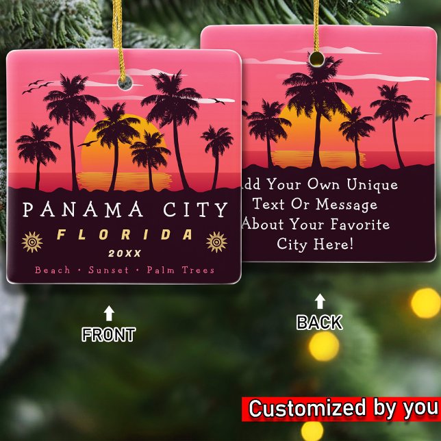 Panama City Florida Retro Sunset Palm tree 1960s Ceramic Ornament (Creator Uploaded)