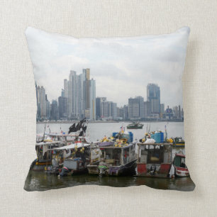 Panama City Skyline With Fishing Boats Throw Pillow