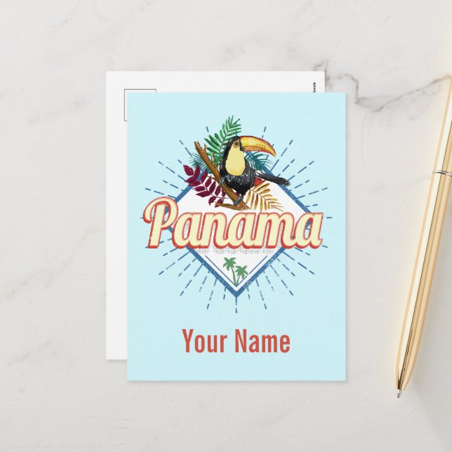 Panama City Toucan Retro Palm Trees Vintage Holiday Postcard (Front/Back In Situ)