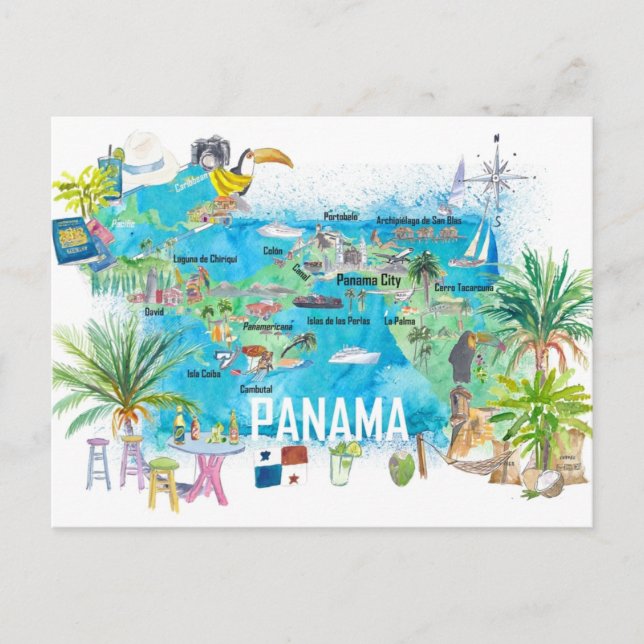 Panama Illustrated Travel Map Postcard (Front)