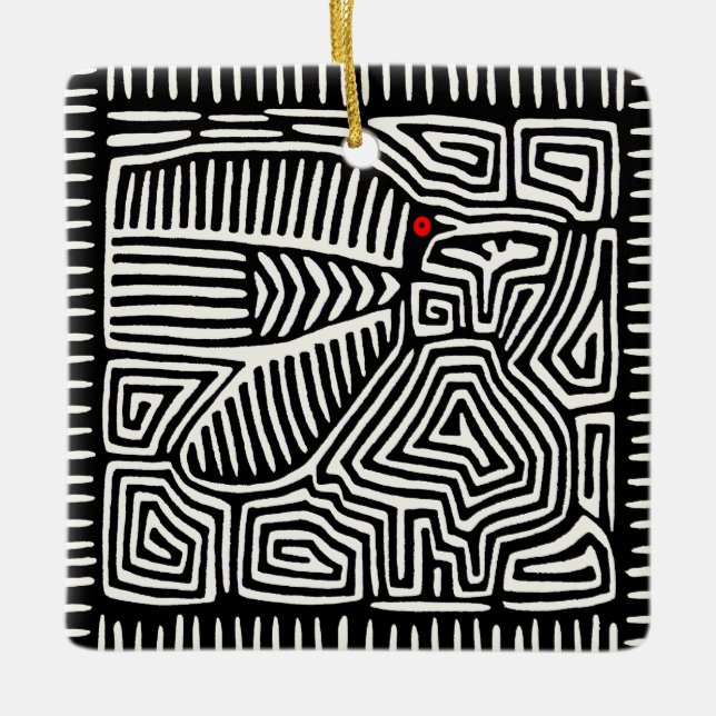 Panama Kuna Indian Mola Pajaro - Black White Ceramic Ornament (Front)