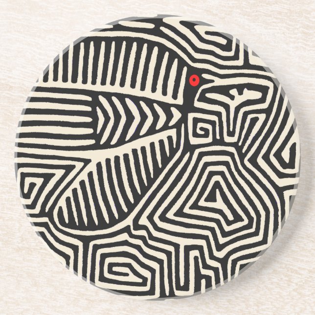 Panama Kuna Indian Mola Pajaro - Black White Coaster (Front)