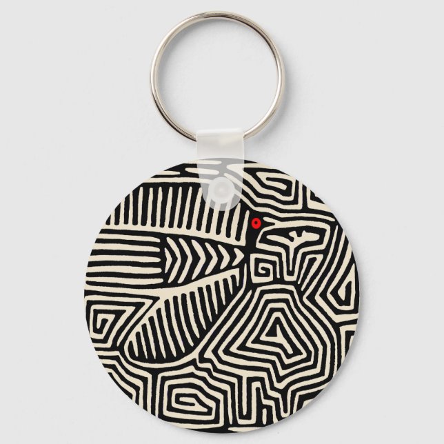 Panama Kuna Indian Mola Pajaro - Black White Keychain (Front)
