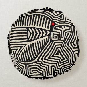 Panama Kuna Indian Mola Pajaro - Black White Round Pillow