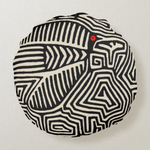 Panama Kuna Indian Mola Pajaro - Black White Round Pillow