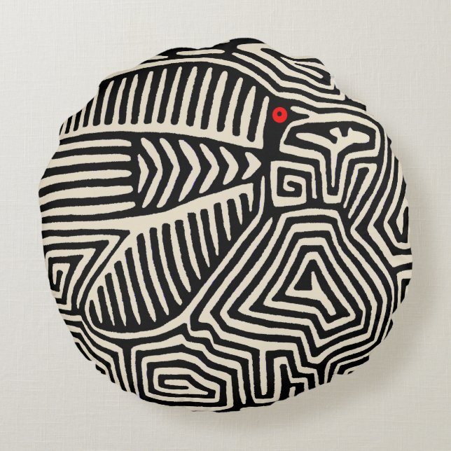 Panama Kuna Indian Mola Pajaro - Black White Round Pillow (Back)
