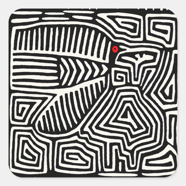 Panama Kuna Indian Mola Pajaro - Black White Square Sticker (Front)