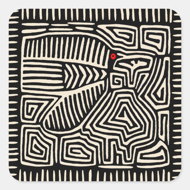Panama Kuna Indian Mola Pajaro - Black White Square Sticker (Front)