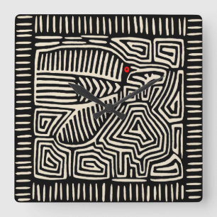 Panama Kuna Indian Mola Pajaro - Black White Square Wall Clock