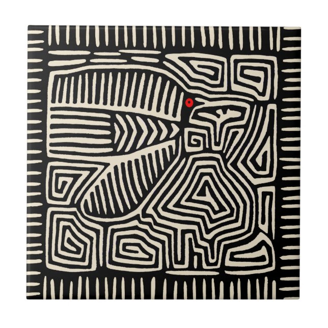 Panama Kuna Indian Mola Pajaro - Black White Tile (Front)