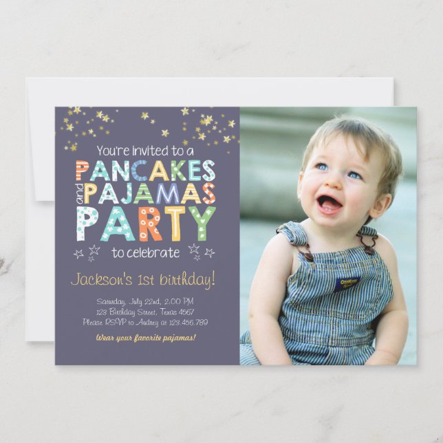 Pancake and Pyjamas birthday invitation Boy Blue (Front)