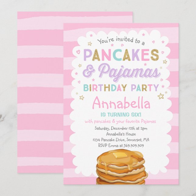 Pancake And Pyjamas Birthday Invitation PJ's Party (Front/Back)