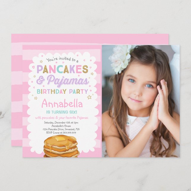 Pancake And Pyjamas Birthday Invitation PJ's Party (Front/Back)