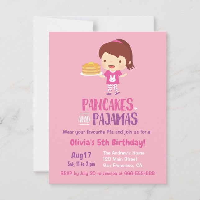 Pancakes and Girl in Pyjamas Birthday Party Invitation (Front)