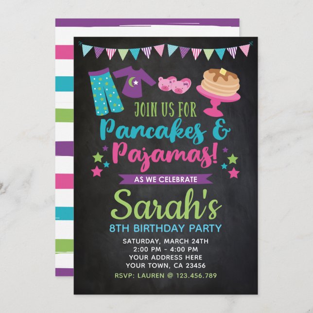 Pancakes and Pyjamas Birthday Chalkboard Invite (Front/Back)