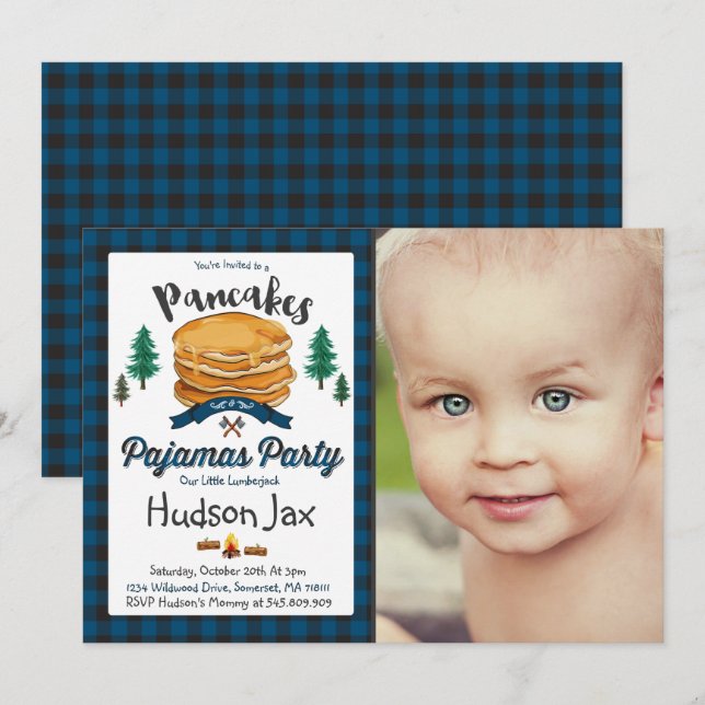 Pancakes And Pyjamas Birthday Invitation Plaid (Front/Back)