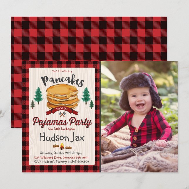 Pancakes And Pyjamas Birthday Invitation Plaid (Front/Back)