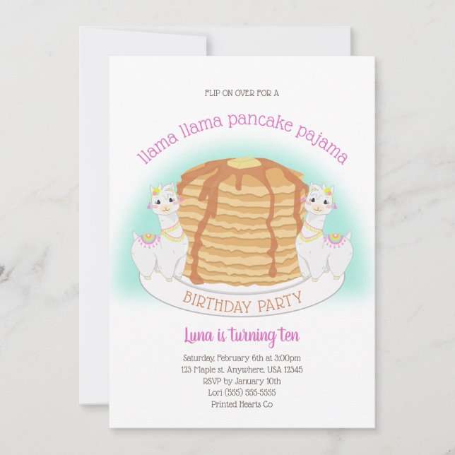Pancakes and Pyjamas Birthday | Llama Invitation (Front)