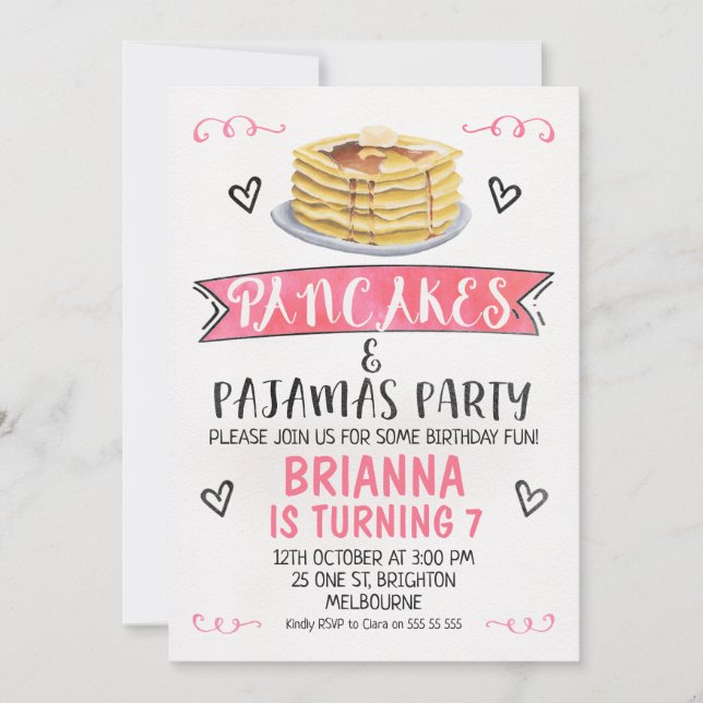 Pancakes and Pyjamas Birthday Party Invitation (Front)