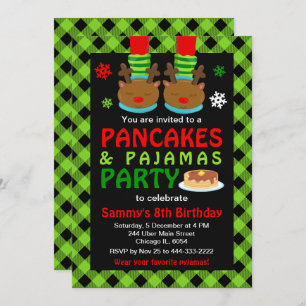Pancakes and Pyjamas Birthday Reindeer Green Plaid Invitation
