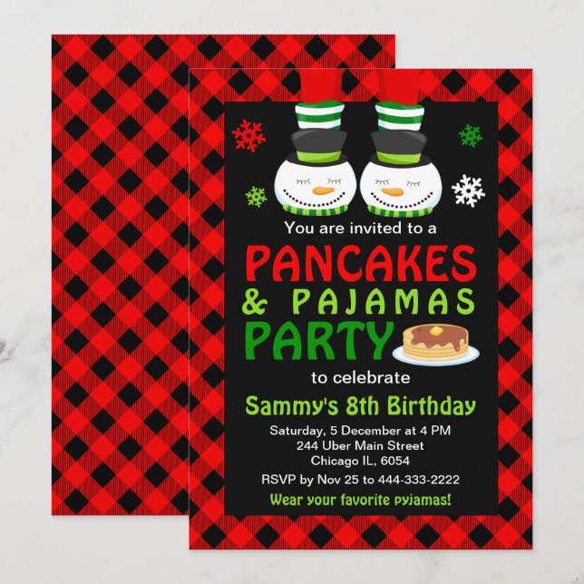 Pancakes and Pyjamas Birthday Snowman Red Plaid In Invitation (Front/Back)