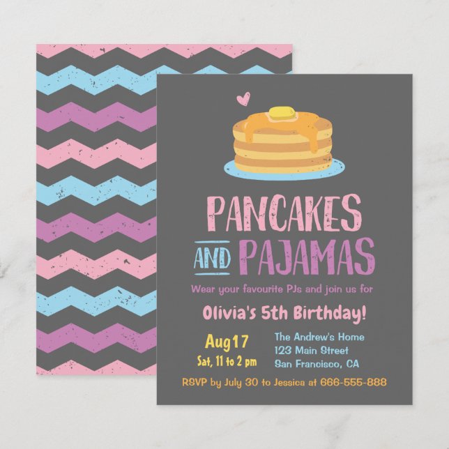 Pancakes and Pyjamas Chevron Birthday Party Invitation (Front/Back)