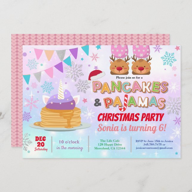 Pancakes and pyjamas Christmas birthday unicorn Invitation (Front/Back)