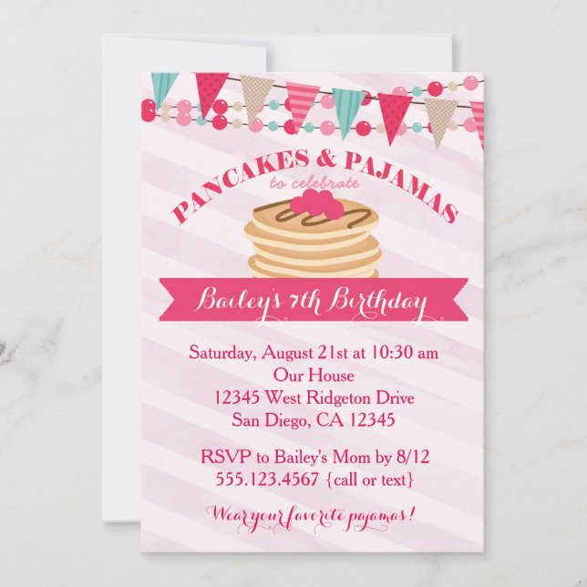 Pancakes and Pyjamas Girl Birthday Invitation (Front)