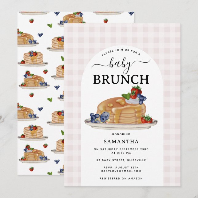 Pancakes Berries Brunch Pink Plaid Baby Shower Invitation (Front/Back)