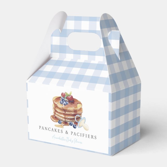 Pancakes & Pacifiers Blue Gingham Boy Baby Shower Favor Box (Front Side)