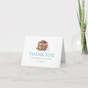 Pancakes & Pacifiers Blue Gingham Boy Baby Shower Thank You Card