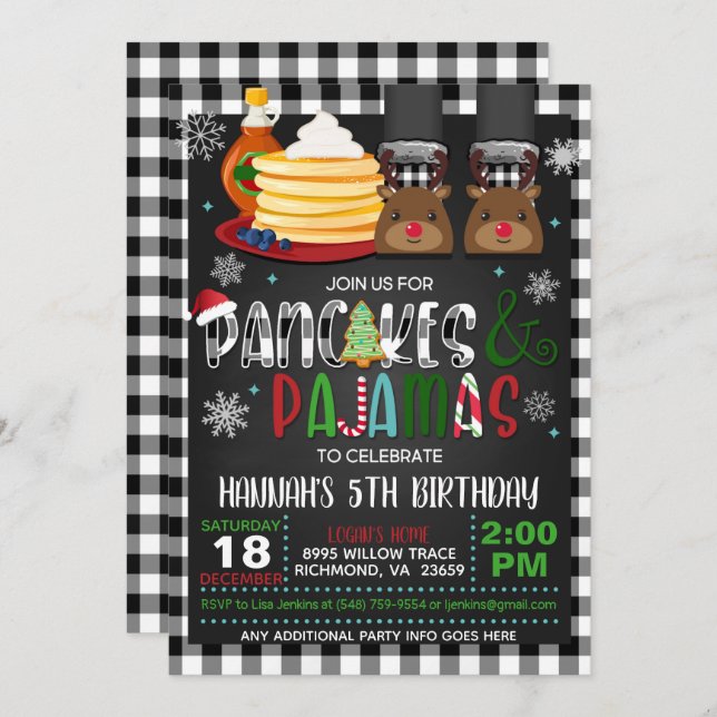 Pancakes & Pajamas Noël Anniversaire Invitation R (Devant / Derrière)