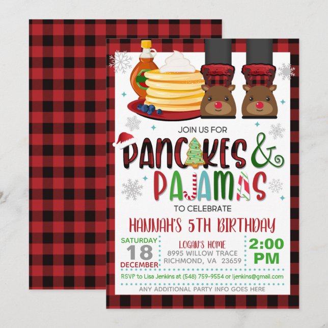 Pancakes & Pyjamas Christmas Birthday Invitation W (Front/Back)